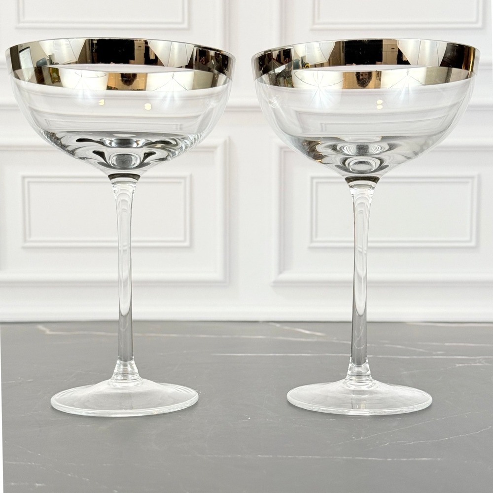 VTG PAIR (2) MCM Platinum Edge Banded 6" Champagne Coupes Glasses
